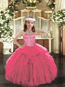 Excellent Hot Pink Ball Gowns Halter Top Sleeveless Tulle Floor Length Lace Up Beading and Ruffles Little Girls Pageant Dress