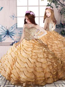 Beading and Ruffled Layers Kids Pageant Dress Gold Lace Up Sleeveless Court Train