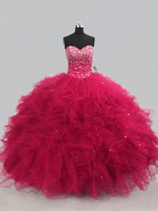 New Arrival Hot Pink Lace Up Sweetheart Beading and Ruffles 15th Birthday Dress Tulle Sleeveless