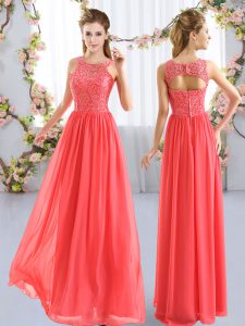 Fashionable Coral Red Chiffon Zipper Scoop Sleeveless Floor Length Quinceanera Court Dresses Lace