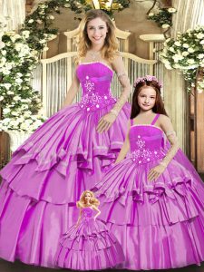 Lilac Lace Up Vestidos de Quinceanera Beading and Ruffled Layers Sleeveless Floor Length