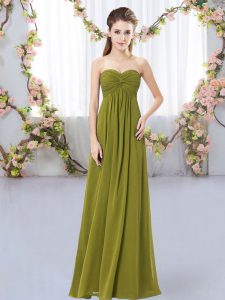 Olive Green Chiffon Zipper Sweetheart Sleeveless Floor Length Dama Dress Ruching