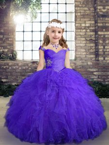 Elegant Floor Length Purple Little Girls Pageant Gowns Straps Sleeveless Lace Up