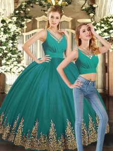 Luxury Floor Length Turquoise Sweet 16 Dresses Tulle Sleeveless Embroidery