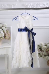 Exquisite Ruffles and Belt Flower Girl Dresses White Zipper Sleeveless Floor Length
