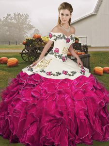 Fuchsia Sleeveless Organza Lace Up 15 Quinceanera Dress for Military Ball and Sweet 16 and Quinceanera