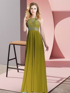 High Quality Empire Evening Dress Olive Green Scoop Chiffon Sleeveless Floor Length Backless