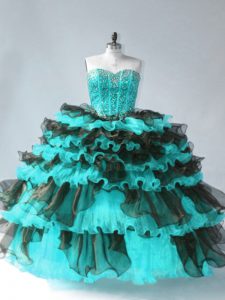 Customized Blue And Black Sweet 16 Dresses Sweet 16 and Quinceanera with Beading and Ruffled Layers Sweetheart Sleeveless Lace Up