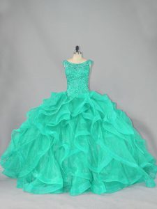 Captivating Turquoise Organza Lace Up Scoop Sleeveless Floor Length Ball Gown Prom Dress Beading and Ruffles