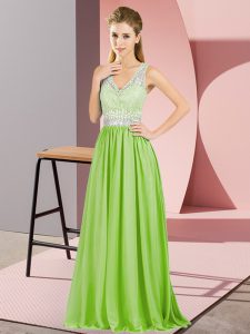 Yellow Green V-neck Zipper Beading and Lace and Appliques Prom Dresses Sleeveless