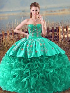Wonderful Sweetheart Sleeveless Fabric With Rolling Flowers 15 Quinceanera Dress Embroidery and Ruffles Brush Train Lace Up
