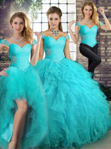 Aqua Blue Tulle Lace Up Off The Shoulder Sleeveless Floor Length Sweet 16 Quinceanera Dress Beading and Ruffles