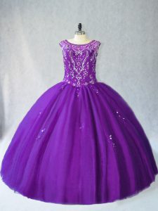 Fancy Purple Lace Up Scoop Beading and Appliques Sweet 16 Dress Tulle Sleeveless