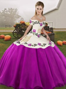 Custom Made Floor Length White And Purple Quince Ball Gowns Off The Shoulder Sleeveless Lace Up