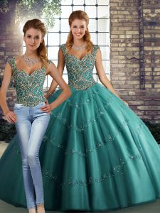 High End Floor Length Lace Up Quince Ball Gowns Teal for Military Ball and Sweet 16 and Quinceanera with Beading and Appliques
