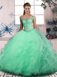 Fashionable Tulle Off The Shoulder Sleeveless Lace Up Beading and Ruffles Quinceanera Gown in Apple Green