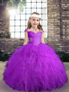 Floor Length Lace Up Custom Made Pageant Dress Purple for Party and Wedding Party with Beading and Ruffles