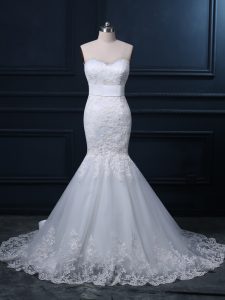 White Zipper Wedding Gown Lace Sleeveless Brush Train