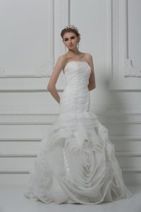 Fashion White Strapless Lace Up Ruching Bridal Gown Brush Train Sleeveless