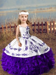 Purple Straps Lace Up Embroidery and Ruffles High School Pageant Dress Sleeveless