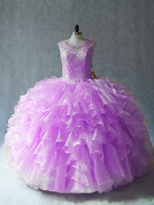 Fancy Lilac Organza Lace Up Scoop Sleeveless Floor Length Sweet 16 Dresses Beading and Ruffles