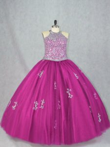 Modern Fuchsia Ball Gowns Tulle Halter Top Sleeveless Beading and Appliques Floor Length Lace Up 15th Birthday Dress
