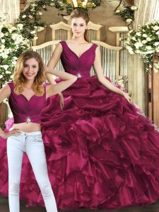 Comfortable Burgundy Ball Gowns Organza V-neck Sleeveless Pick Ups Floor Length Backless Quinceanera Gown