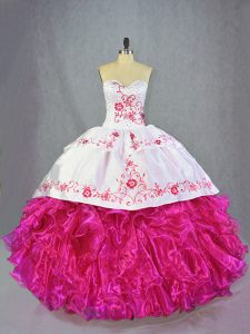 Sleeveless Beading and Embroidery and Ruffles Lace Up Sweet 16 Dress with Hot Pink Brush Train