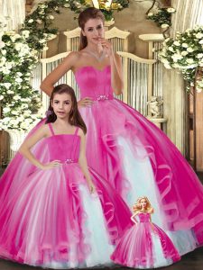 Sleeveless Floor Length Ruffles Lace Up Ball Gown Prom Dress with Hot Pink
