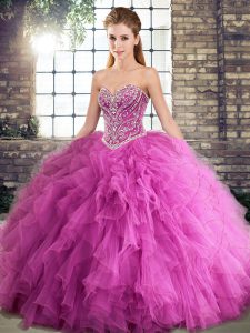 Glittering Floor Length Lace Up 15th Birthday Dress Rose Pink for Military Ball and Sweet 16 and Quinceanera with Beading and Ruffles
