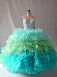 Fine Multi-color Lace Up Ball Gown Prom Dress Beading and Ruffles Sleeveless Floor Length