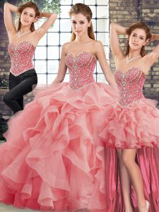 Glamorous Watermelon Red Quinceanera Gowns Military Ball and Sweet 16 and Quinceanera with Beading and Ruffles Sweetheart Sleeveless Brush Train Lace Up