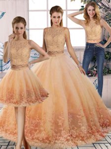 Most Popular Peach Sleeveless Sweep Train Lace 15th Birthday Dress
