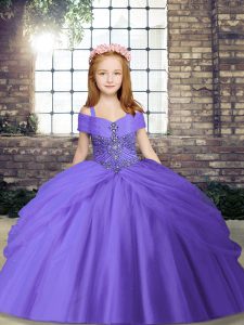 Sleeveless Tulle Floor Length Lace Up Little Girls Pageant Dress in Lavender with Beading
