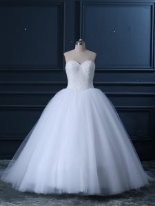 Captivating White Sleeveless Tulle Brush Train Lace Up Wedding Gowns for Wedding Party