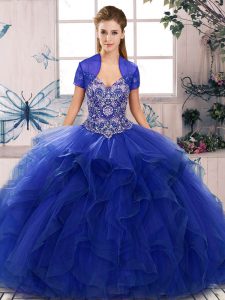 Floor Length Lace Up Vestidos de Quinceanera Royal Blue for Military Ball and Sweet 16 and Quinceanera with Beading and Ruffles