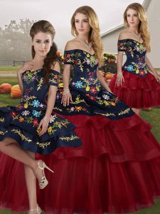 Sumptuous Wine Red Tulle Lace Up Off The Shoulder Sleeveless Quinceanera Dresses Brush Train Embroidery and Ruffled Layers