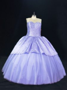 Floor Length Lace Up Quinceanera Dresses Lavender for Sweet 16 and Quinceanera with Beading