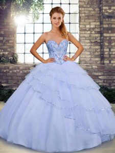 Lavender Ball Gowns Beading and Ruffled Layers Quinceanera Dress Lace Up Tulle Sleeveless