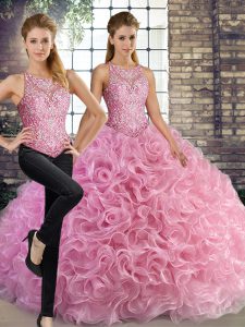 Rose Pink Scoop Lace Up Beading Quince Ball Gowns Sleeveless