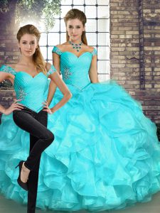 Decent Aqua Blue Quinceanera Gown Military Ball and Sweet 16 and Quinceanera with Beading and Ruffles Off The Shoulder Sleeveless Lace Up