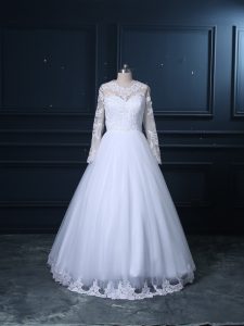Artistic White A-line Scoop Long Sleeves Tulle Brush Train Lace Up Lace Wedding Dresses