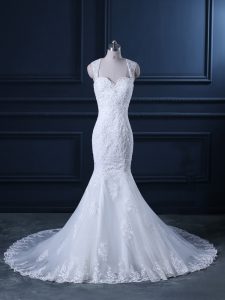 Edgy Straps Sleeveless Brush Train Backless Wedding Dress White Tulle