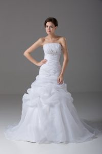 Customized White Wedding Dresses Strapless Sleeveless Brush Train Lace Up