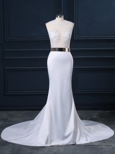 Dazzling Scoop Sleeveless Elastic Woven Satin Wedding Dress Appliques and Sashes ribbons Brush Train Zipper