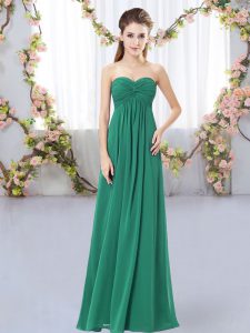 Fitting Floor Length Zipper Quinceanera Dama Dress Dark Green for Wedding Party with Ruching