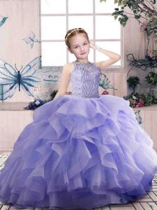 Dazzling Floor Length Ball Gowns Sleeveless Lavender Little Girl Pageant Gowns Zipper