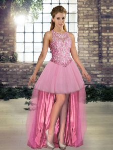 Designer Pink Scoop Lace Up Beading Dress for Prom Sleeveless