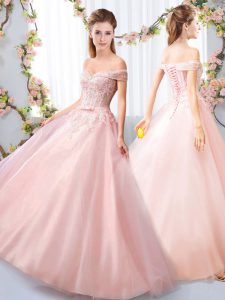 Glamorous Pink Tulle Lace Up Wedding Guest Dresses Sleeveless Floor Length Appliques and Belt