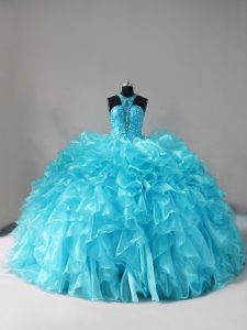 Best Sleeveless Organza Brush Train Lace Up Quinceanera Dress in Aqua Blue with Beading and Ruffles